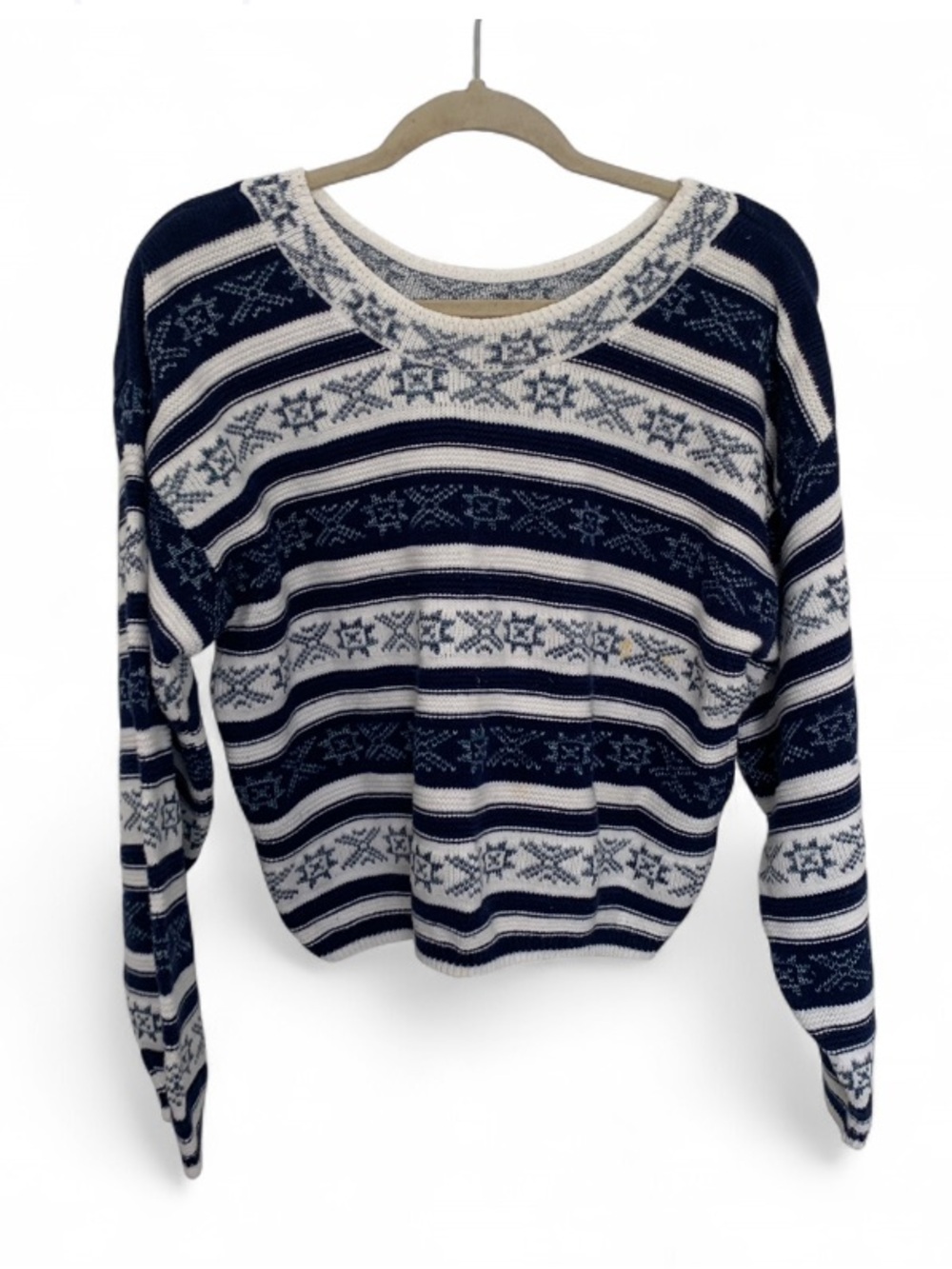 Vintage Dark Blue and White Striped Fair Isle Knit Cropped Sweater